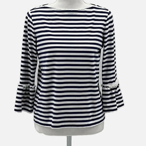 J. McLaughlin Striped Fringed Bell Sleeve Catalina Cloth Top Navy & White - XS